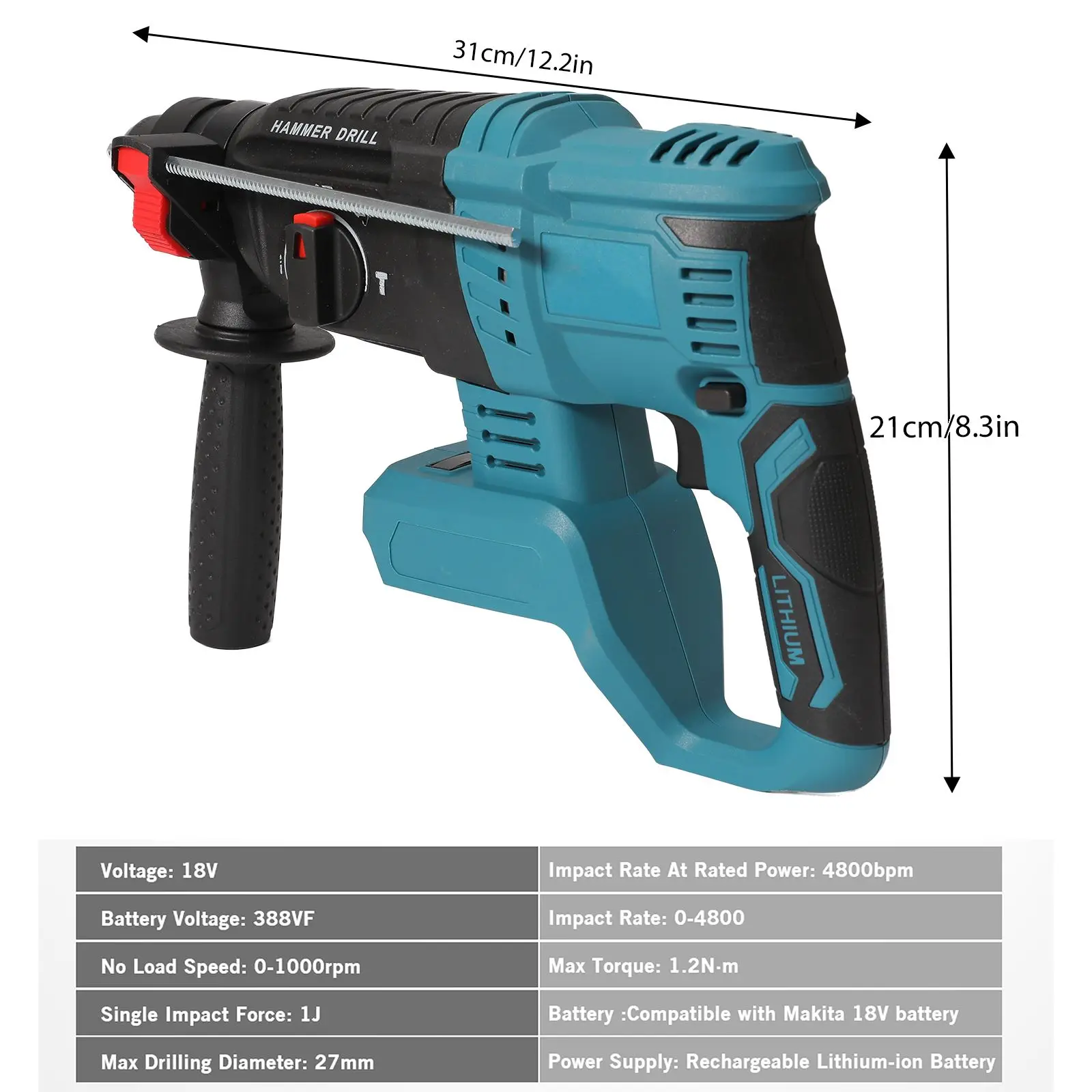 New 18V Hammer 4 Functions Electric Cordless rotor Hammer Rechargeable Hammer 27mm Impact driver For 18V Makita Battery