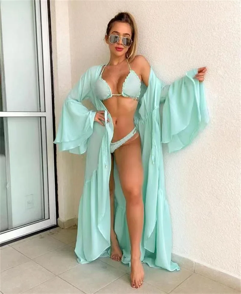 Women Loose Flared Sleeve High Waist Lace-up Sun Protective Coverall Holiday Sexy Bikini Cover-ups Sun Protective Beach Dresses