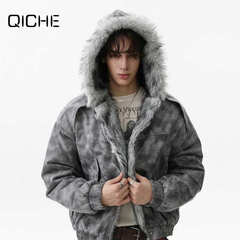 QICHE Men Punk Tie Dye Distressed Faux Mink Fur Hooded Cotton Coat, 2026 Winter Warm Cold Proof Trendy Outerwear