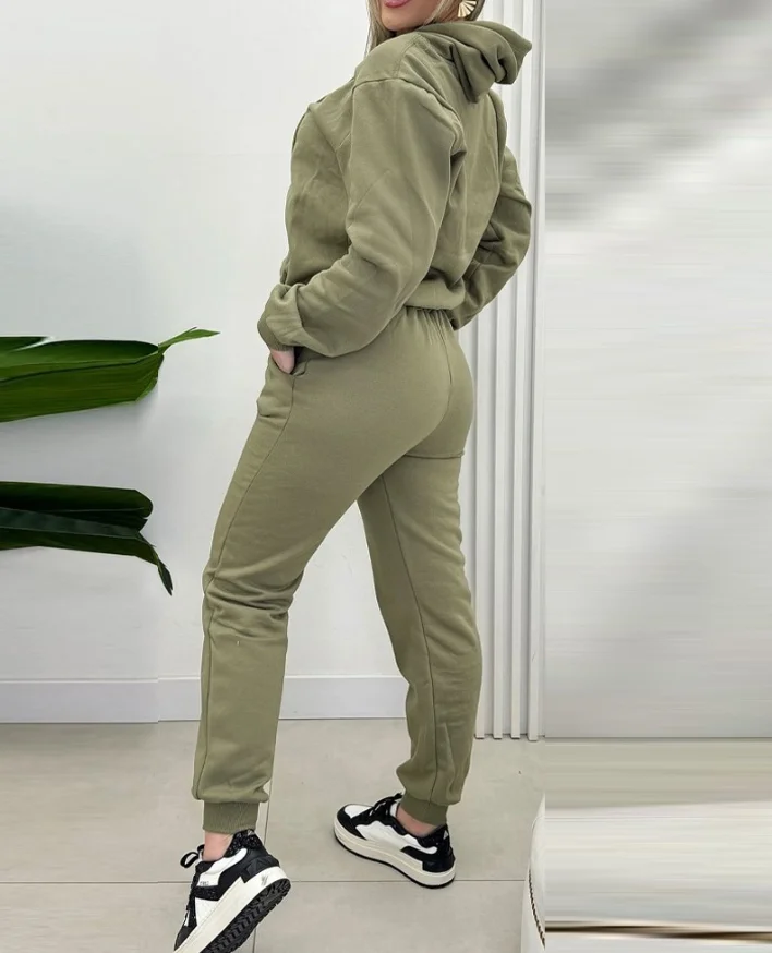 Women's long sleeved 2024 summer new pocket design hooded sweatshirt and flared sweatpants set