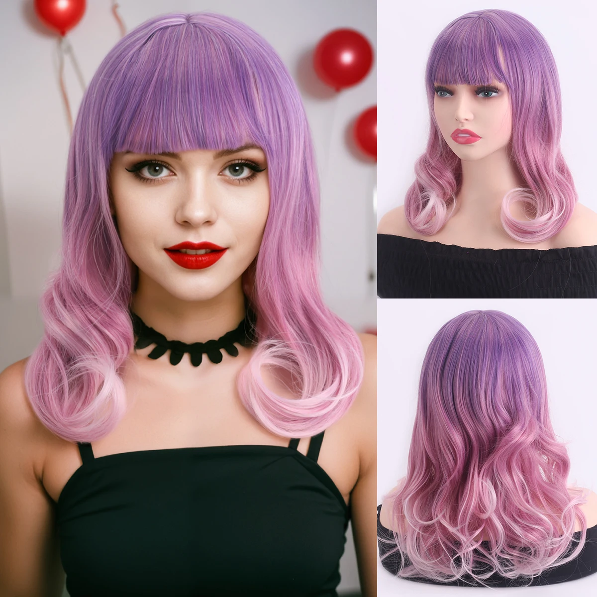 

Ladies' fashionable straight bangs with purple gradient, curly hair with water ripples Synthetic fiber wig