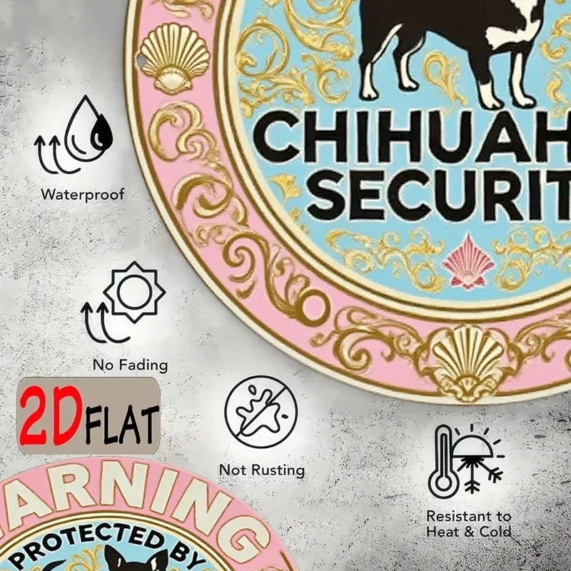Chihuahua Safety Warning Sign Heavy Duty Aluminum Round Dog Tag Pink Gold Rim 8 Inch 2D Flat Outdoor Funny Pet Decor