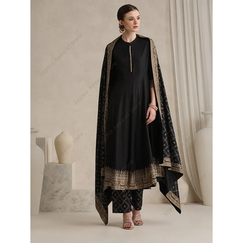 Elegant Black Indian Salwar Kameez Dupatta Set Women Cotton Suits Vintage Print Traditional Bollywood Style Outfit Spring