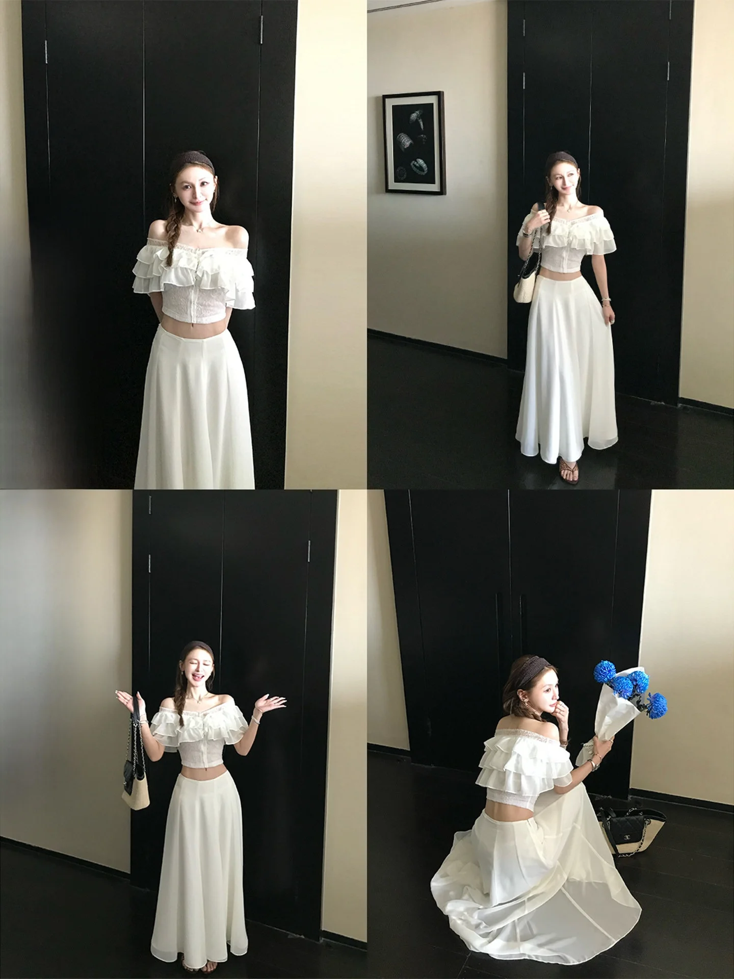 

Skk Store Chiang Mai Holiday South Xiang Qing Cold Beauty Lace Chiffon Hem One Shoulder Top Half Skirt Fashion Set for Women