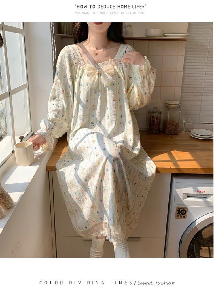 2XL Women Spring Nightgown Korean Ruffles Sleepwear Long Sleeve Home Dress with Chest Pads Lace Cloud Cotton Pajamas Loungewear