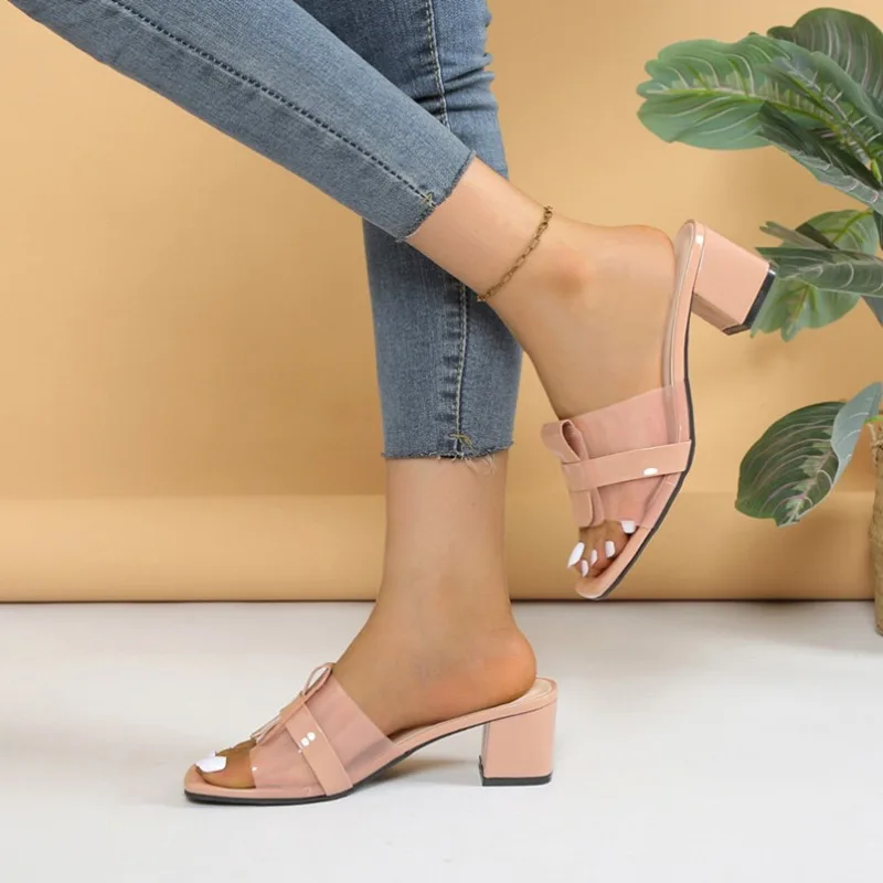 Large Size Fish Mouth Thick with Sandals Women 2024 Summer New High Heels Fashion Wear Transparent Slippers Heels Women