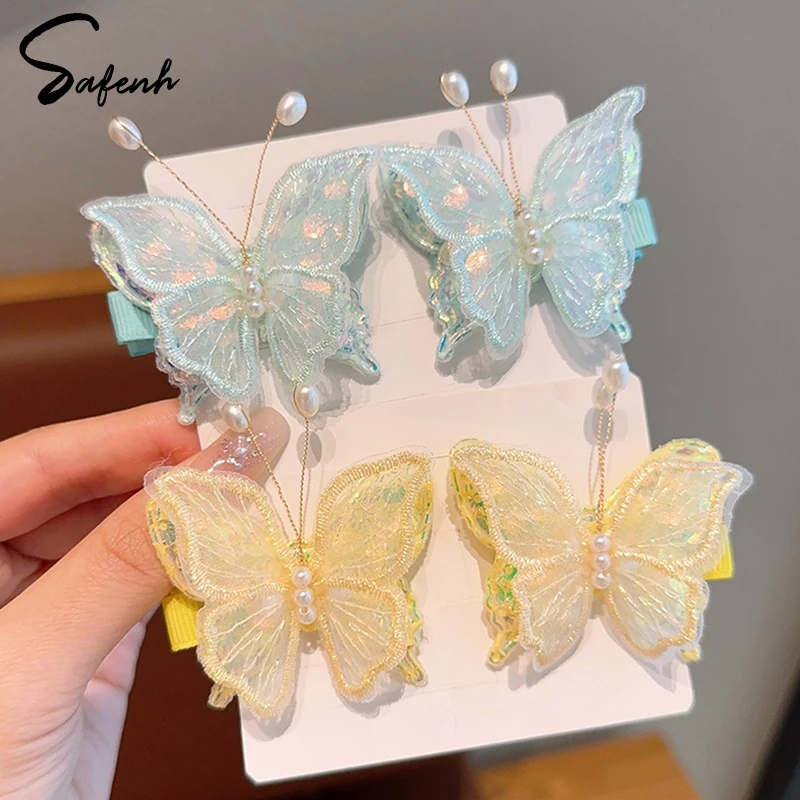 2Piece Princess Embroidered Butterfly Lovely Girls Hairpins Children Headwear Hairgrip Hair Clips Barrettes Hair Accessories