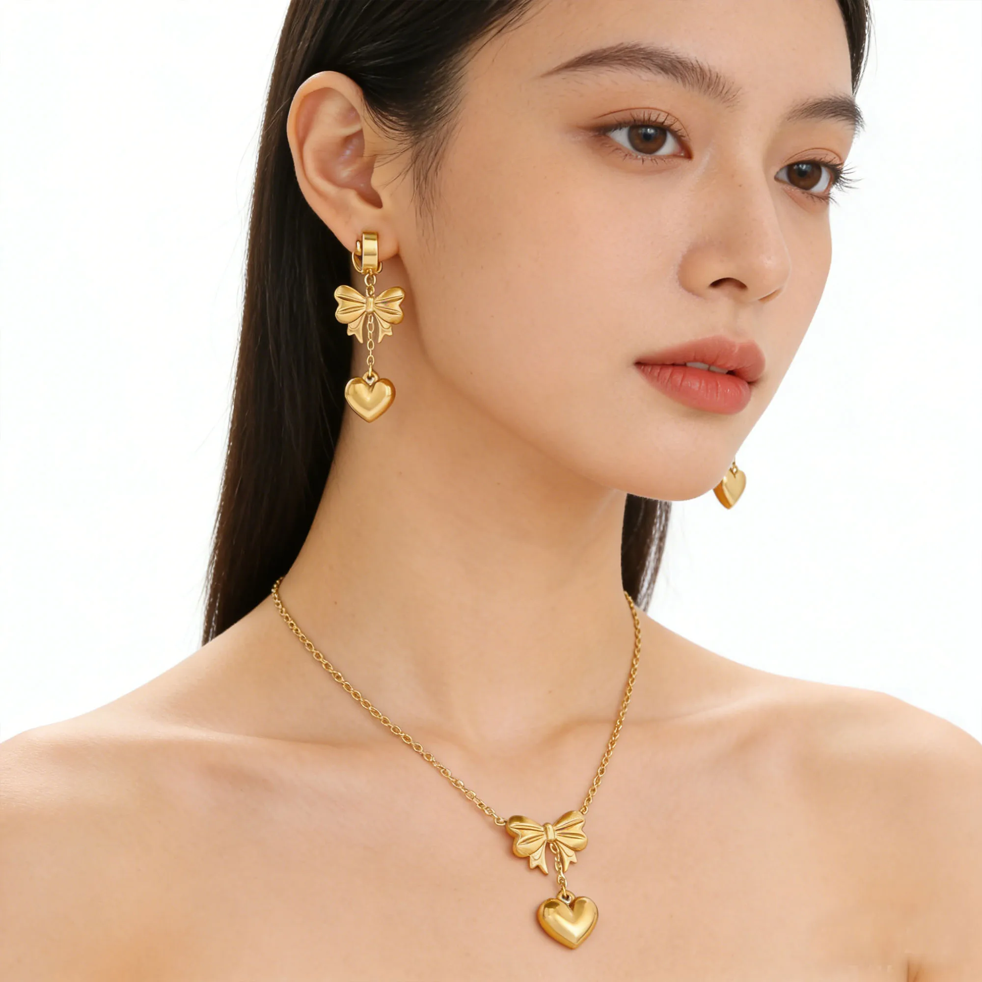 3Pcs Stainless Steel Necklace Stud Earrings For Women Jewelry Set Fashion Party Wedding Gift Lady Earring Waterproof Accessories