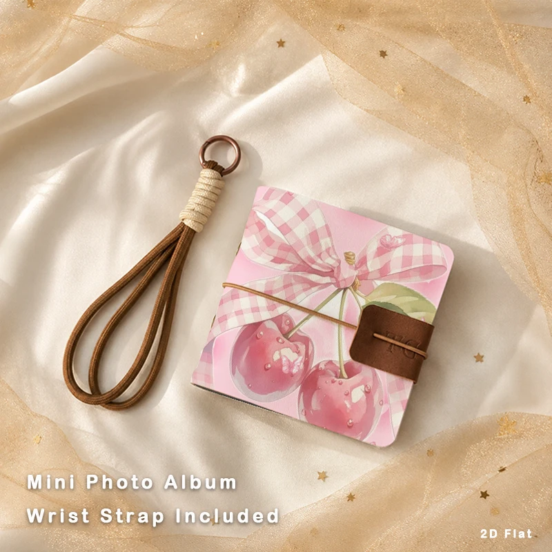 Pink Cherry Bow Plaid Mini Photo Album With Wrist Strap Portable Pocket Photo Book Travel Memory Picture Storage Book Girl Souve