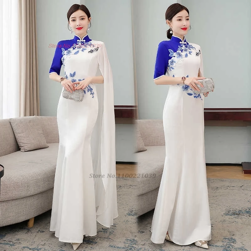 

2024 chinese improved cheongsam national flower embroidery a-line qipao dress retro elegant banquet evening dress qipao vestido