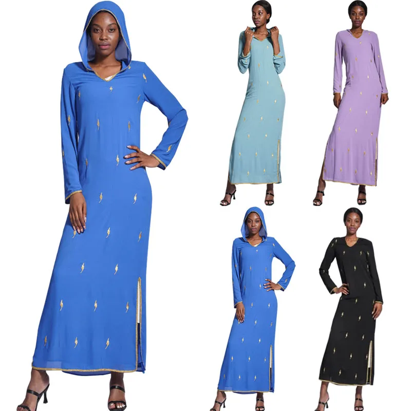 

New Spring Summer Chiffon Hooded Long Dress Muslim Turkey Dresses for Women African Designer Leaf Embroidery Dress Abaya Ramadan