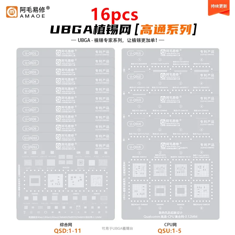 U-QSD QSU BGA Reball Stencil For Qualcomm Series CPU SM8550 778G/680/SM7350/7450/7315/7325/6225 6Gen1/8Gen2/3/SM6450/SM8650 8450