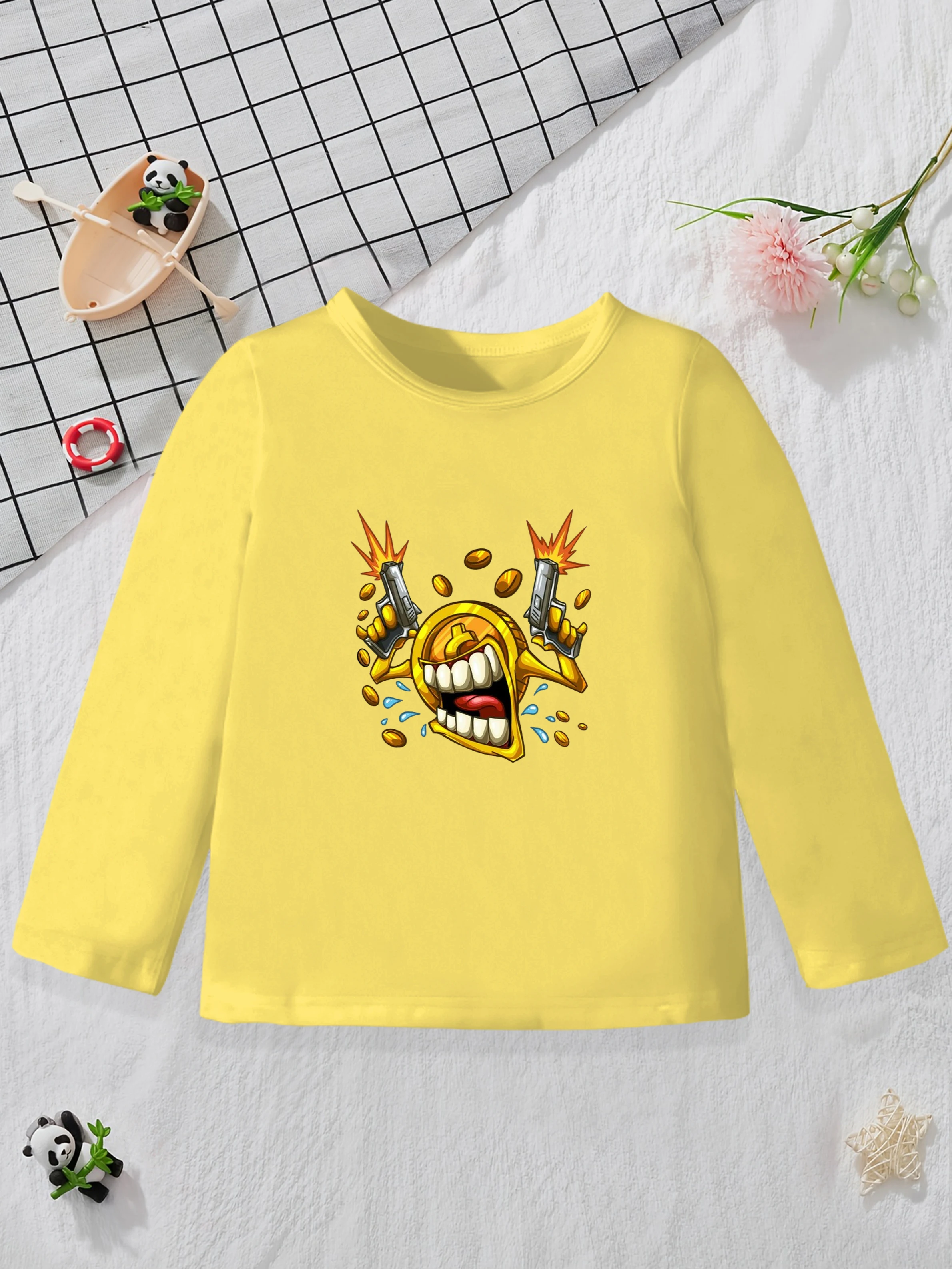 1 pieces: Boys Autumn Casual Base Layer Cartoon Cash & Gold Coin Pattern