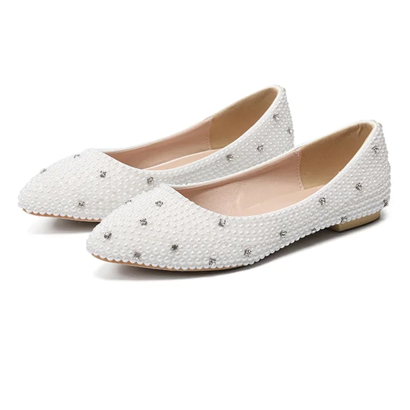 2024 Fashion New White Pearl Sparkling Diamond Bridal Shoes Classic Special Offer Anti slip Wear resistant Women's Flat Shoes