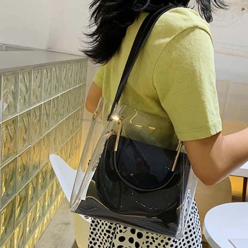 Candy Color Composite Clear Bag 2pcs Set Detachable Jelly Handbag See-Through Scratch-Proof PVC Mini Tote Summer Vacation