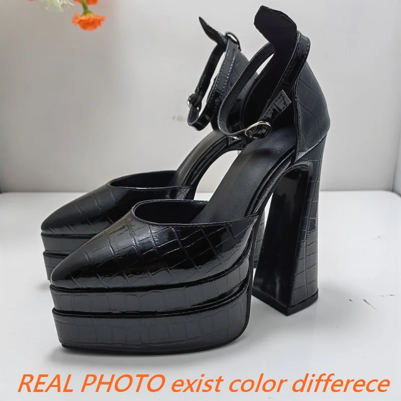 SIMLOVEYO Women Pumps Pointed Toe Chunky Heels Ultrahigh 14cm Platform Hill 5cm Buckle Strap Party Shoes Big Size 42 43