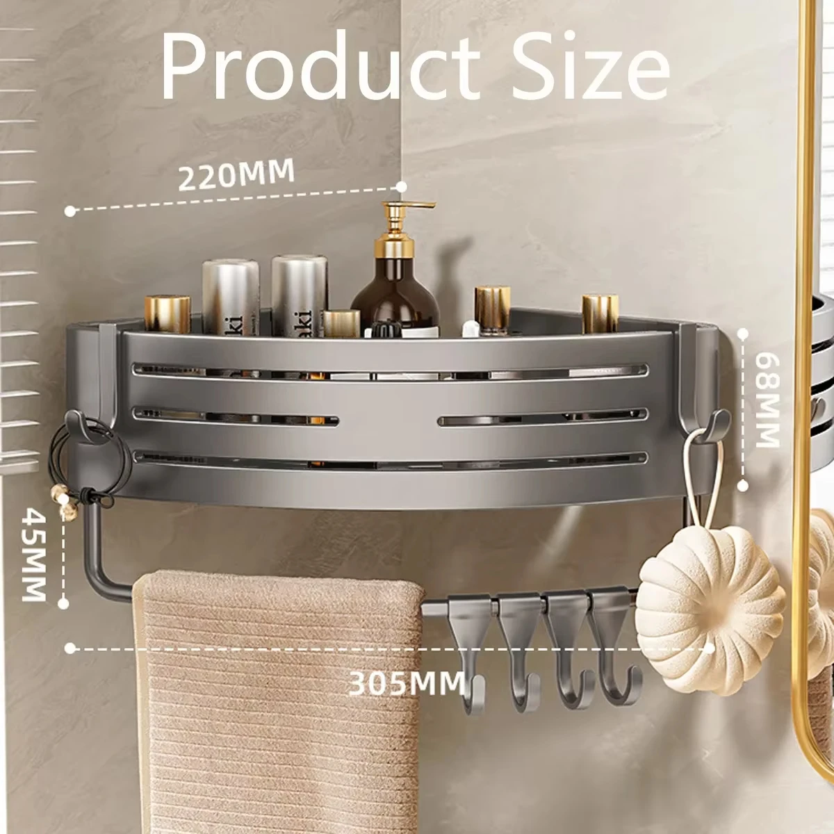 1-2PCS Shower Corner Rack, Gray with Hook Towel Bar, No Drilling Space, Aluminum Shower Storage Rack, Bathroom Storage Rack