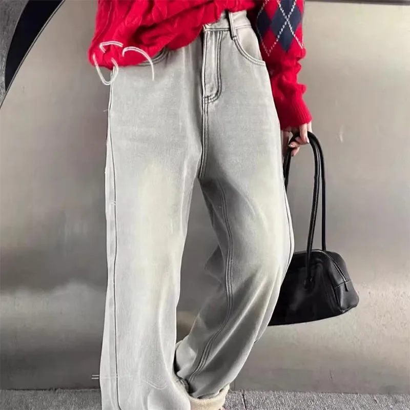 Primavera nueva cintura alta pierna ancha Denim Jeans pantalón con lindo oso rojo imprime suave cómodo Casual ropa de calle diaria pantalones