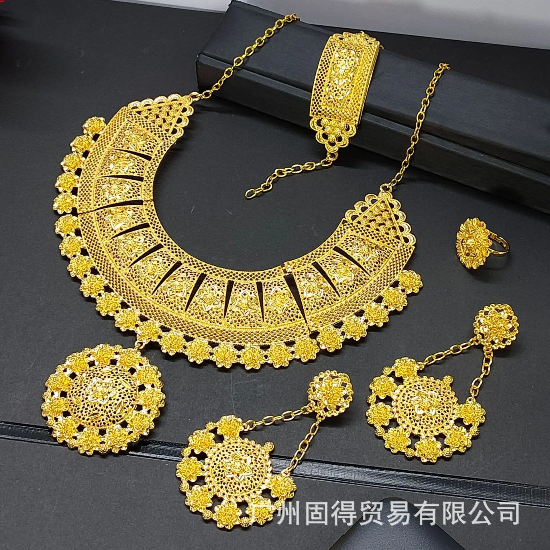 24k gold-plated exaggerated large-scale alloy necklace earrings bracelet ring women's wedding jewelry set