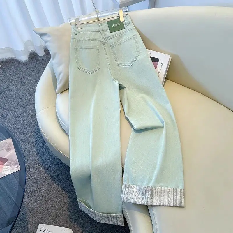 Retro Jade Green Rolled Hem Narrow Leg Denim Women's Summer New Straight Trousers