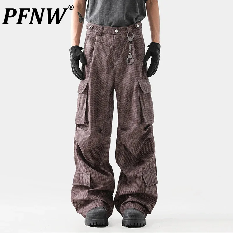 

PFNW Men's Ribbon Pleated Design Casual Pants High Street American Multi Pocket Loose Silhouette Wide Leg Cargo Trousers 28W4446