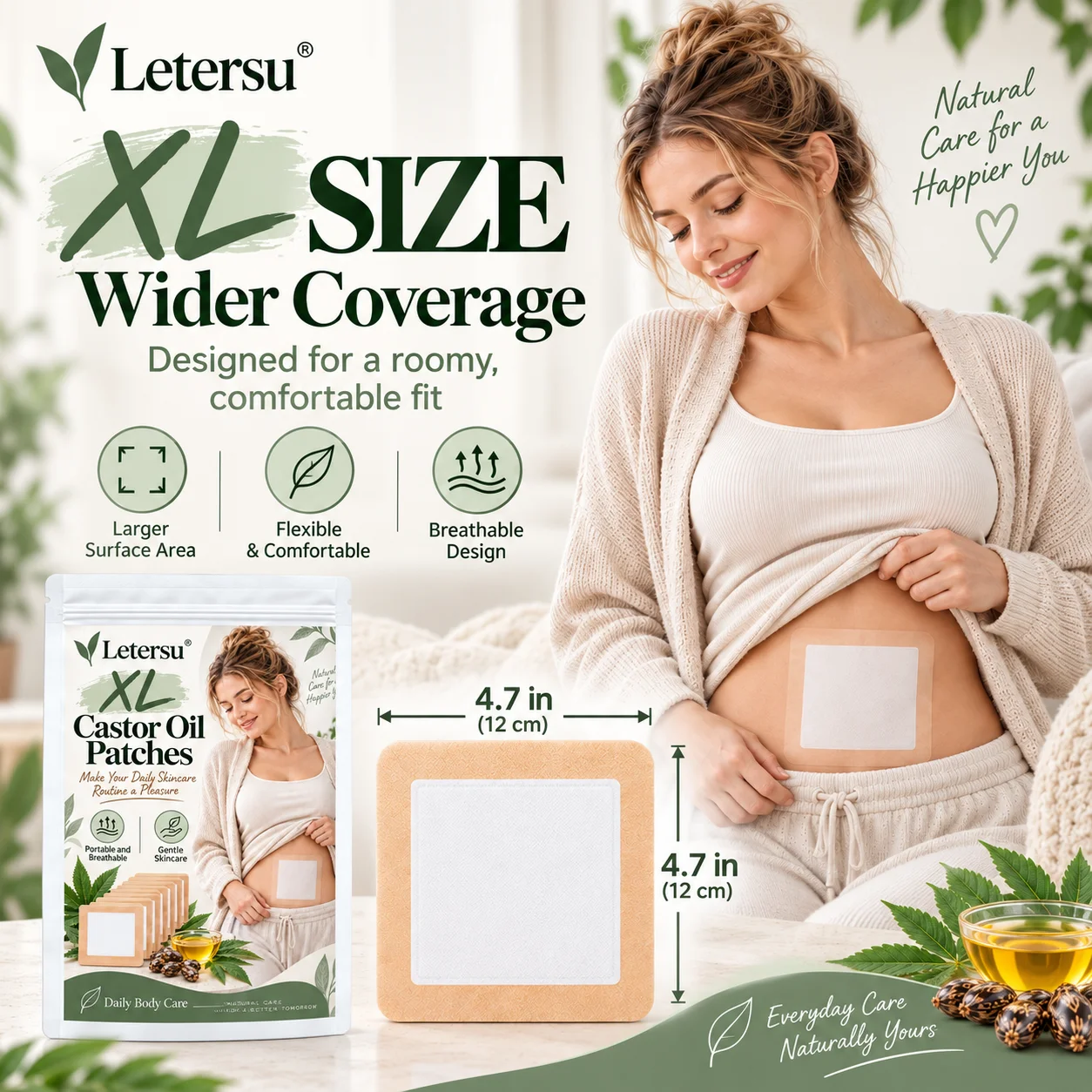 5PCS XL Castor Oil Patches for Belly, Large Castor Oil Pack Wrap Pads, Portable Body Care Patches for Women, Daily Self Care