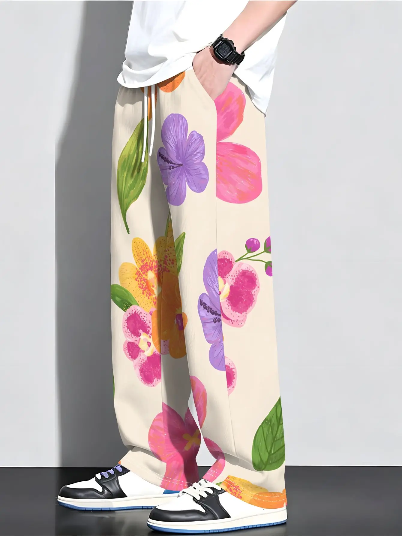 Tropical Floral Print Men'S Loose Casual Straight-Leg Trousers