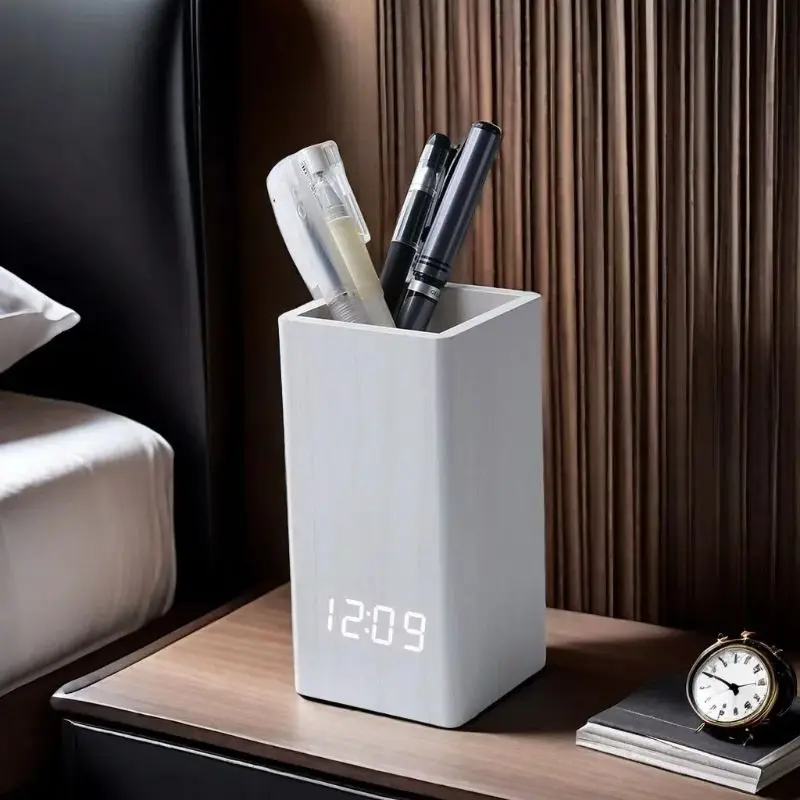 Multifunctional Creative Wooden LED Digital Alarm Clock With Pen Holder Mute Desktop Electronic Clock Home Office Desk Decor