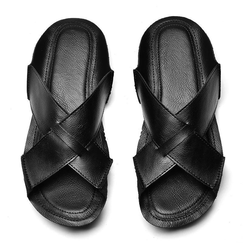 Originality Design Leather Slippers Cowhide Open-toe Sandal Man Flat Slides Beach Summer Shoes High Quality Big Size 38-47 Male