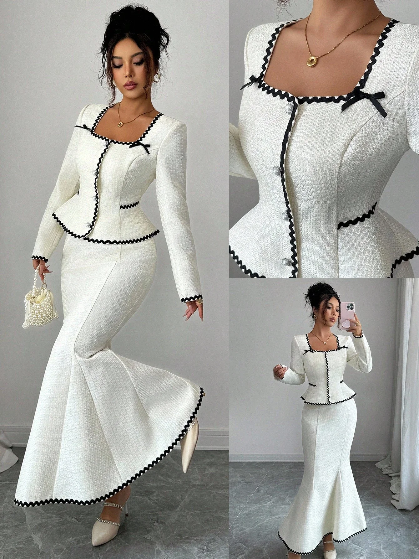 

Elegant White Tweed Peplum Jacket And Mermaid Skirt Set With Black Ruffle Trim