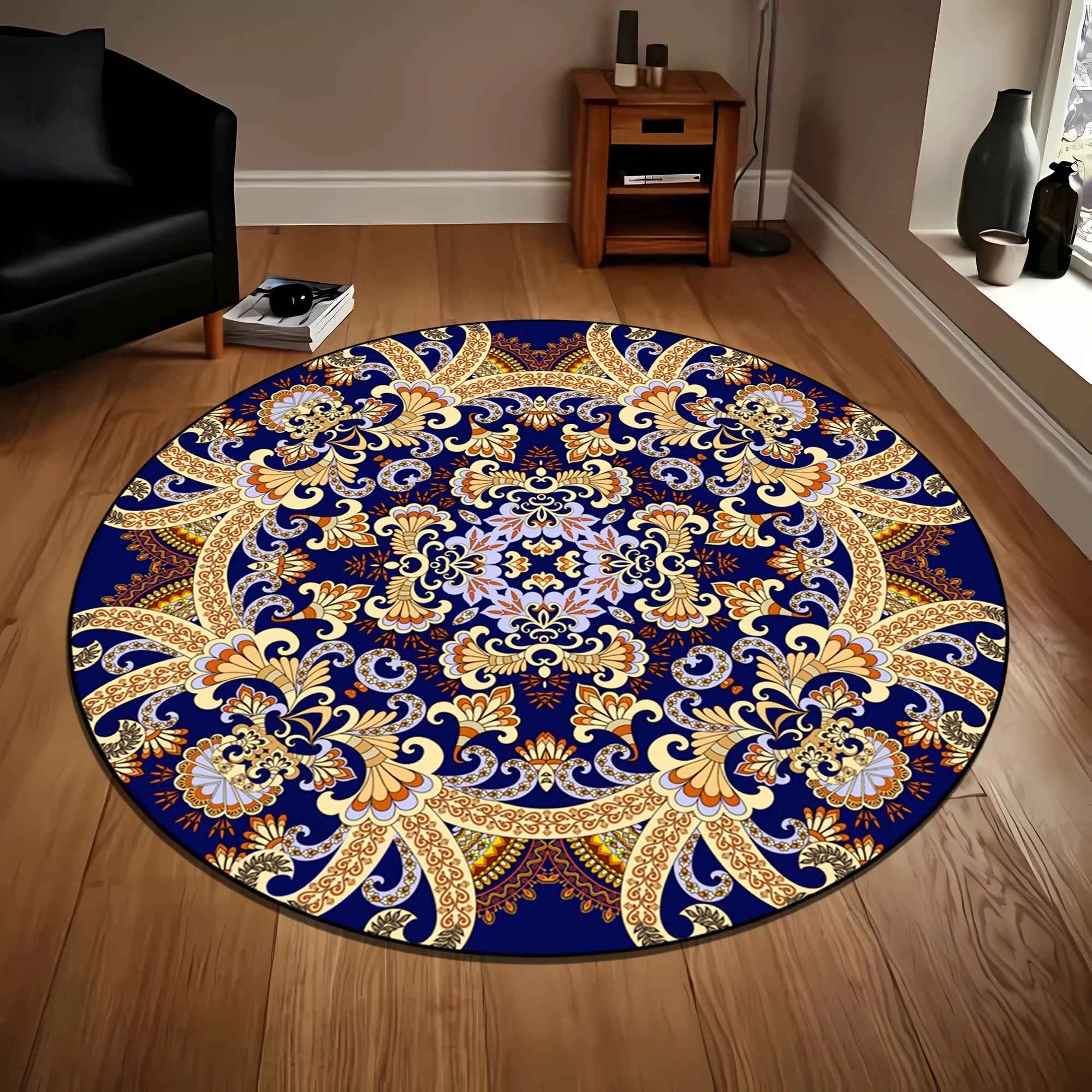 Blue Mandala Pattern Round Rug Flannel Ornate Floral Medallion Floor Mat for Living Room Bedroom Ethnic Bohemian Luxury Home