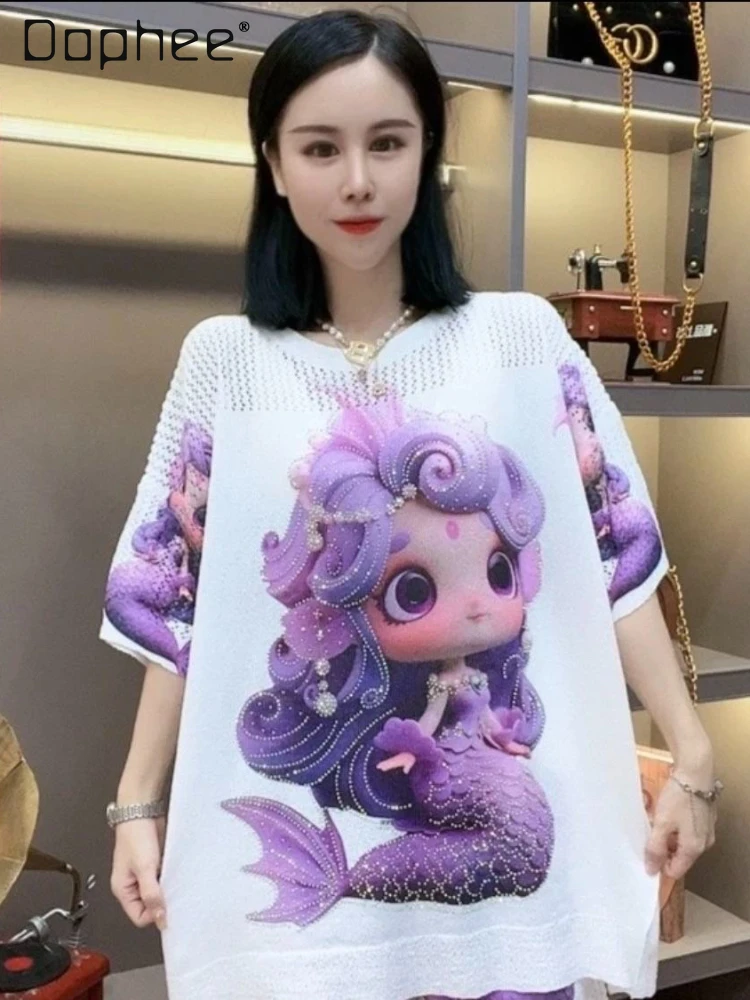 Hollow-out Breathable Cartoon Rhinestone Round Neck Short Sleeve T-shirt Women Summer Love Pattern Round Neck Top Shorts Suit