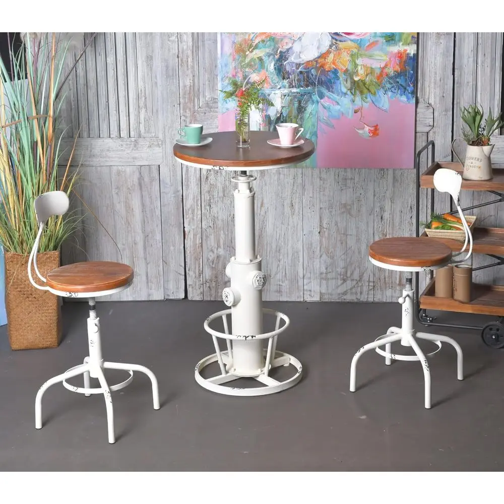 

3 Piece Pub Table and Stool Set Adjustable Height Round Coffee Desk Farmhouse Counter Height Bar Stools with Backrest Antique White 1 Table + 2 Stools