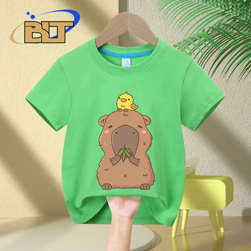 Süße Capybara mit gelben Vogel Gekritzel Cartoon Print Kinder T-Shirt Sommer Kinder Baumwolle kurz ärmel ige Jungen und Mädchen geeignet