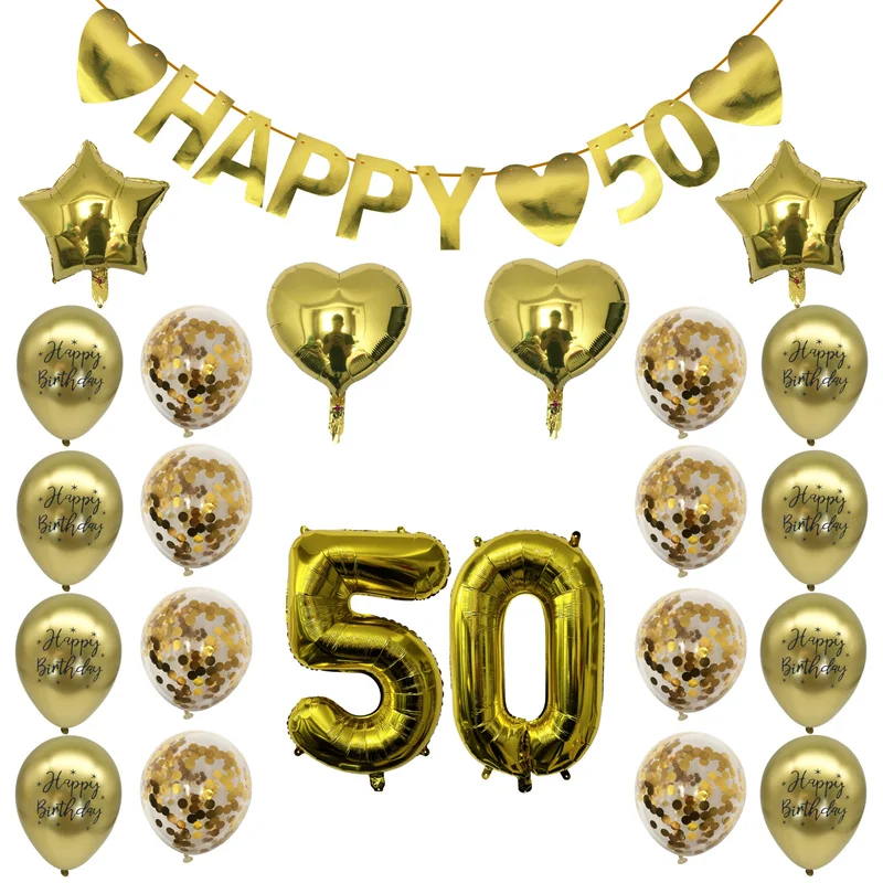 

1Bag Gold Happy 50 Banner Number Foil Balloons Adult Birthday Party Decoration Women Men Wedding 50th Anniversary Party Supplies