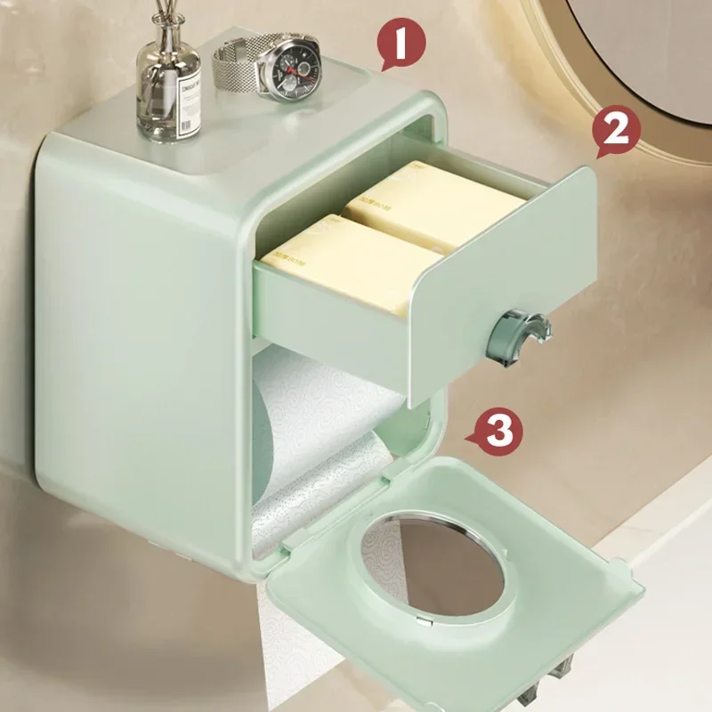 Wall Mounted Toilet Paper Shelf Bathroom Roller Tissue Holder Waterproof Multi-function Drawer Box Waterproof Paper Towel Holder