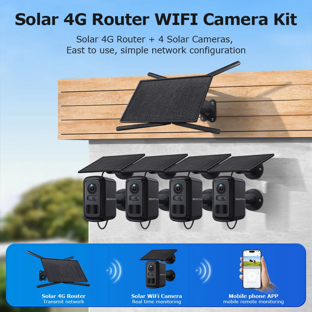 SHIWOJIA 3MP WIFI Solar Camera System with 10W 4G Solar Router Wireless 360 Surveillance PTZ Battery Cameras PIR Human Tracking