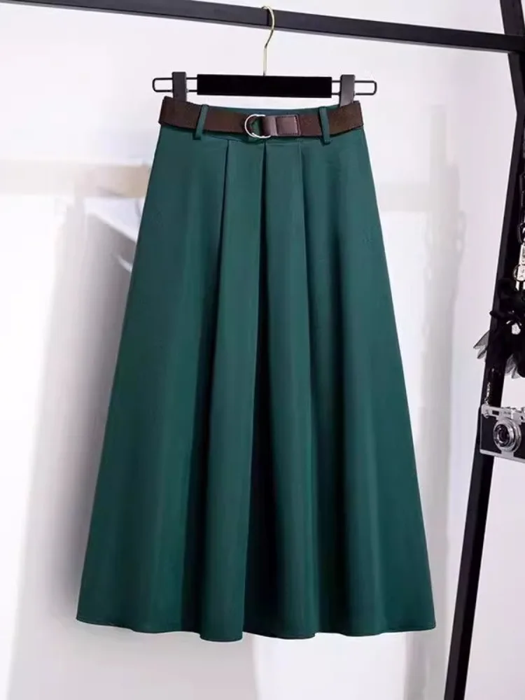 

High Waist Draped Suit Skirt for Women plus Size Midi Length Spring Summer Fashionable A-Line Skirt Belly Covering Belt
