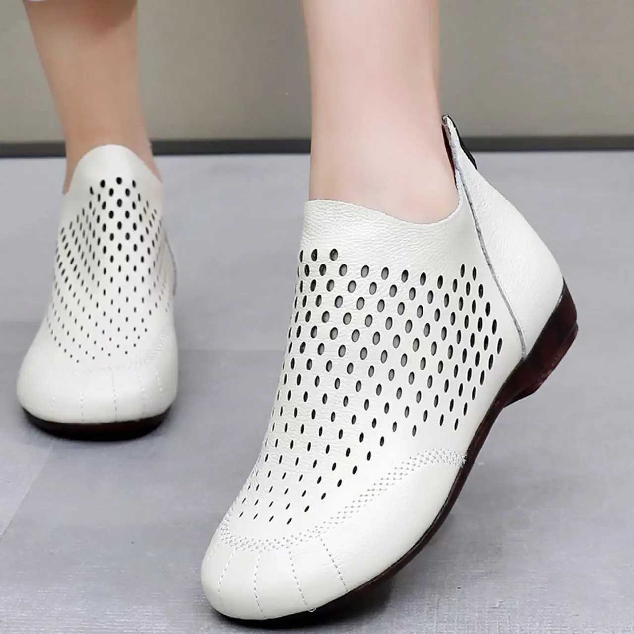 Women Genuine Leather Flat Sole Cave Ankle Boot Spring Summer Soft Sole Round Toe Hollow High Quality Out Big Size Cool Boots
