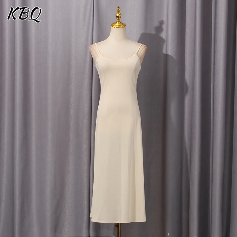 

KBQ Solid Loose Draped Temperament Long Dresses for Women Round Neck Sleeveless High Waist Casual Beach Style Dress Female New