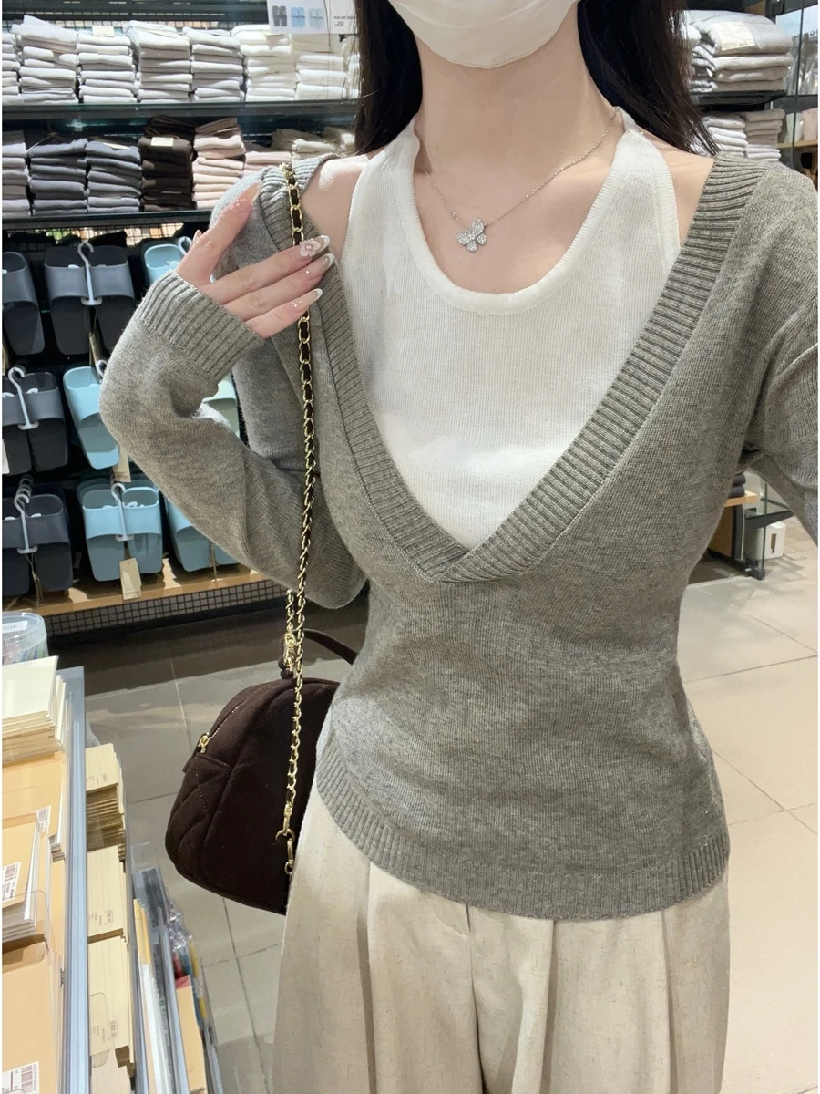 

Корейский вязаный свитер с эффектом похудения Sle Long Sve, женский модный предмет V-Ne, висящий Ne Design, осенний сезон, база L...