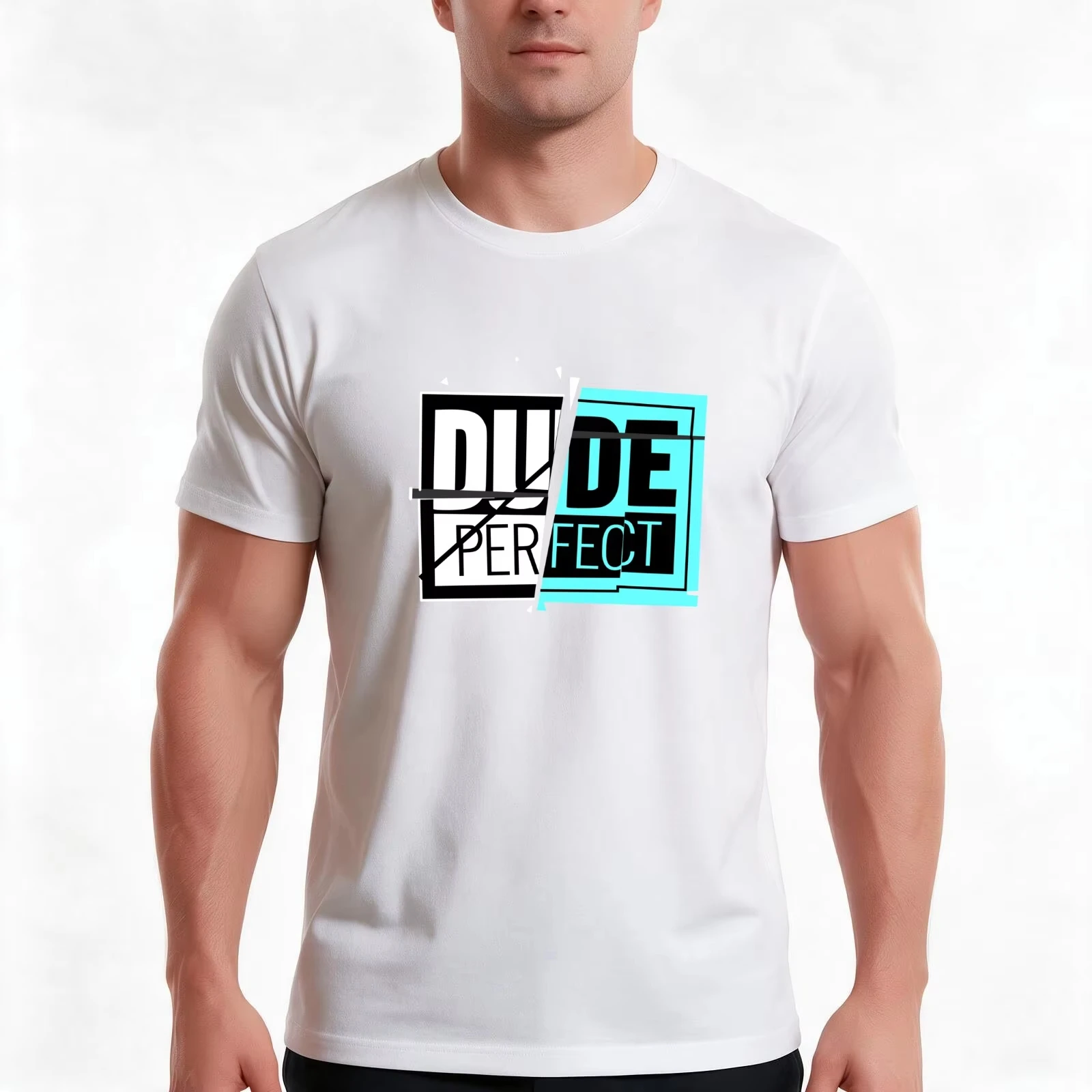 26-2027 New Arrival Geometric Split Square Letter T-Shirt Cyan White Slogan Print Minimalist Casual Loose Unisex