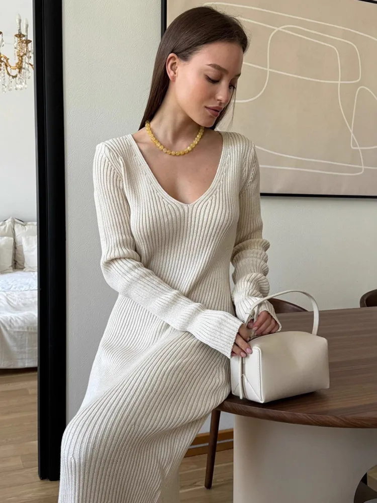 Blifanbo Stricken Elegante V-ausschnitt Maxi Kleid Frauen Herbst Winter Dünnes Langes Kleid Pullover Stricken Bodycon Mode Langes Kleid Streetwear