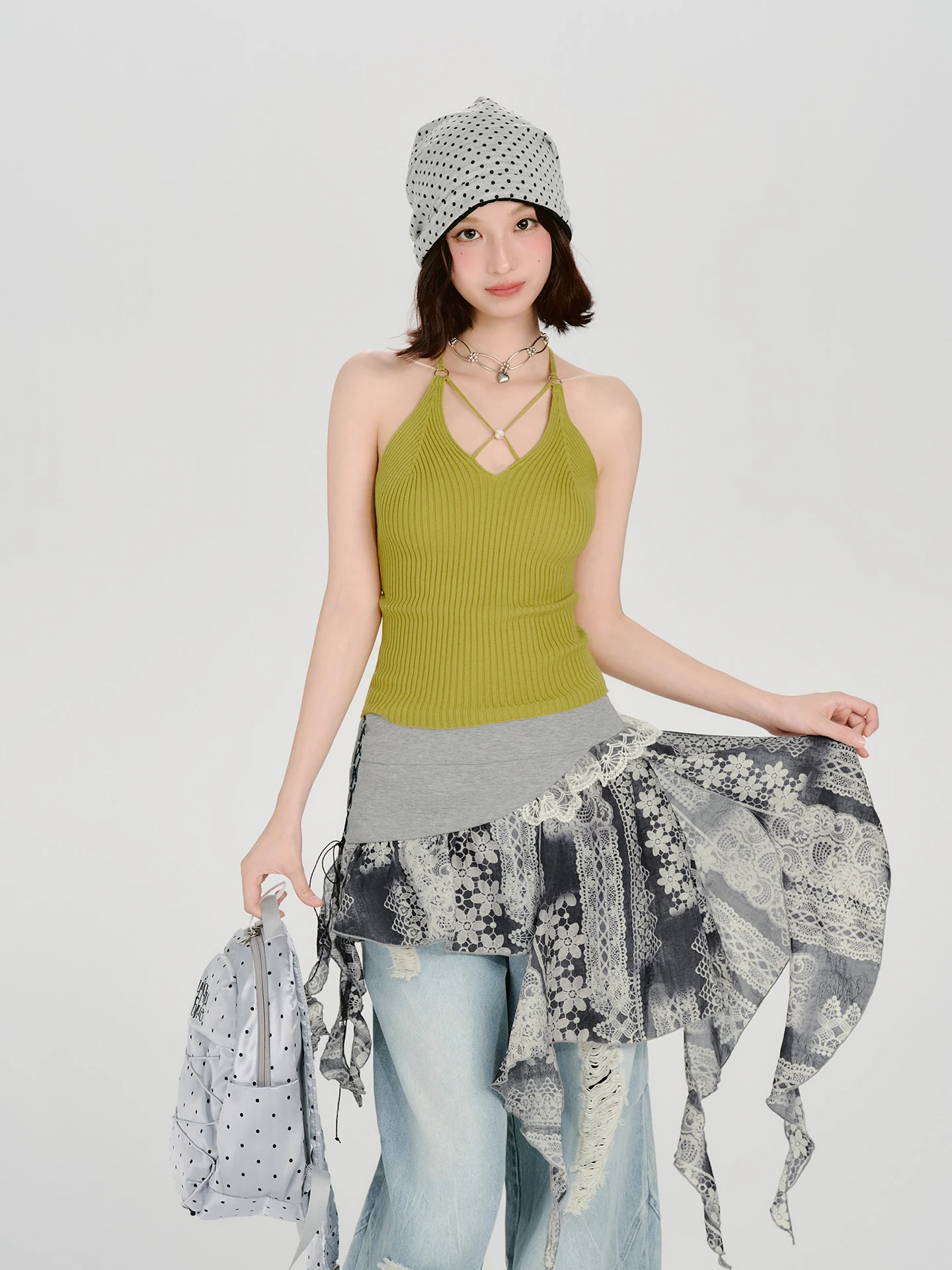 American Retro Lace Splicing Irregular Skirt Design Sense Layered Belted Hem Butt Curtain Women's Loose High Waist Asymmetric...