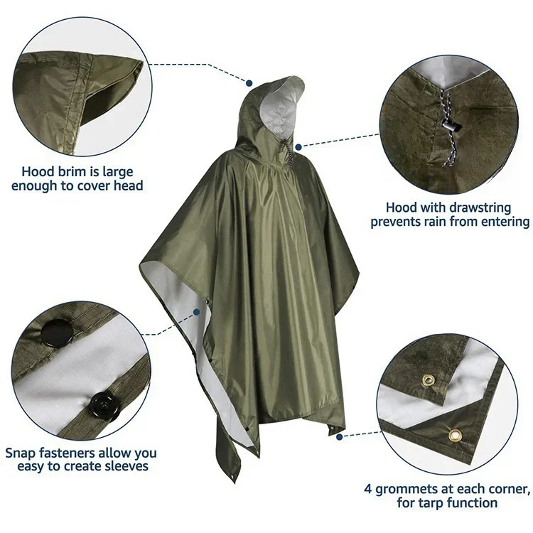 3 In 1 Outdoor Military Raincoat Hooded Sleeve Waterproof Rain Poncho Motorcycle Rain Cover Camping Hiking Travel Rainwear Tent gallery 3