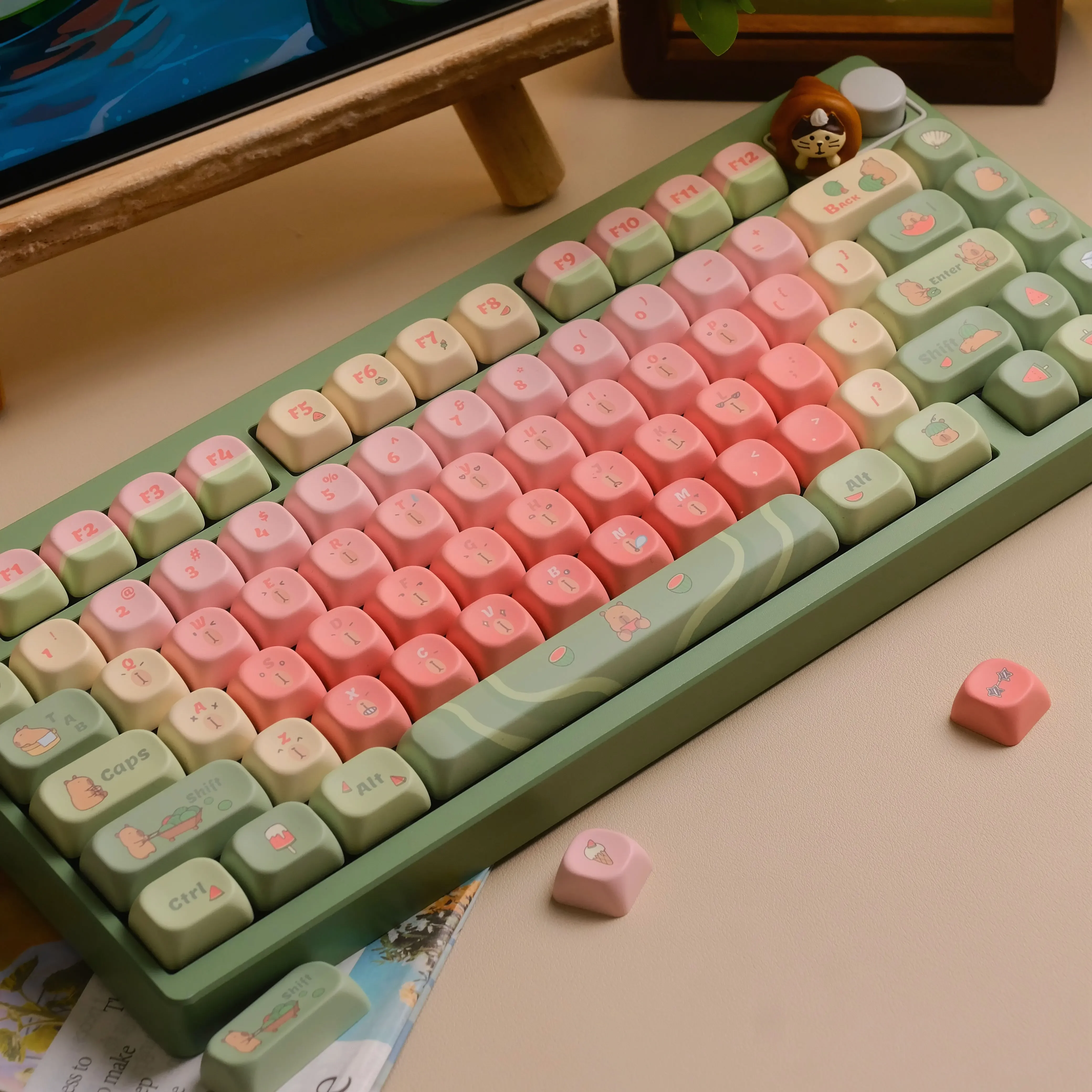 Capybara Watermelon Theme Keycaps Set QX3/Cherry Profile PBT Sublimation DIY Mechanical Keyboard Caps Summer Cute Keycap