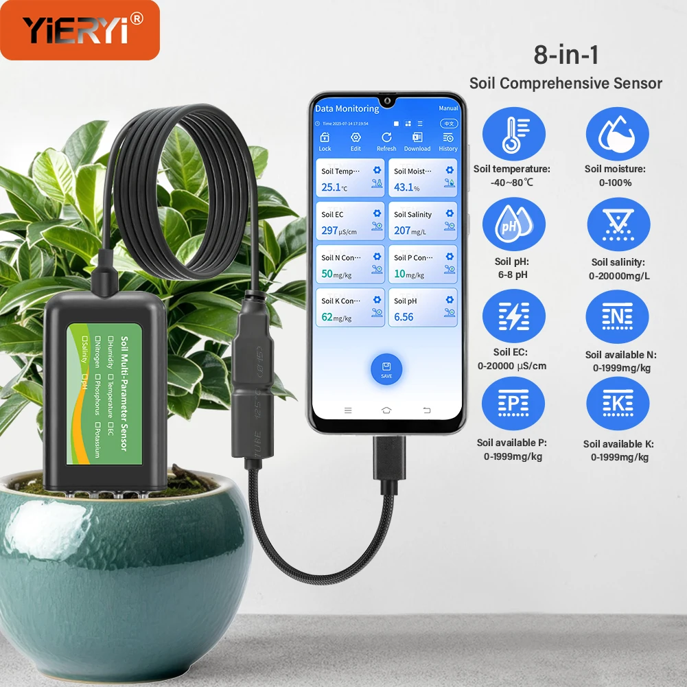 YIERY 8-in-1 Soil Sensor USB pH EC Moisture NPK Temperature Salinity Tester for Farming Gardening Real-Time Data via Mobile App