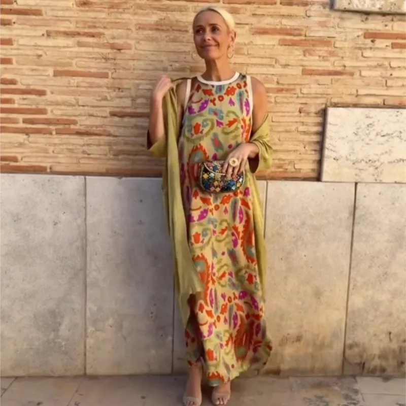Women O Neck Sleeveless Long Dress With Long Sleeve Cardigan Outfit Retro Print Boho 2 Piece Sets for Spring Fall Vacation Suits
