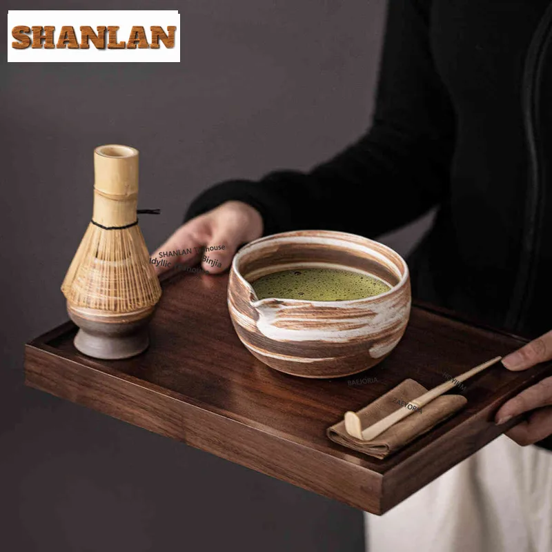 HOYIHM 4pc/set Kiln-changed Coarse Pottery Tea Set Complete Set Whisk Batidor Japanese Matcha Set Kit Tea Holder Tea-making Tool