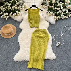 Skirt Set Women Two Piece Sets Knitted Sexy Slim Dress Sets Round Neck Sleeveless Short Vest Tops High Waist Long Skirts Elegant